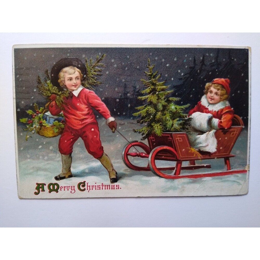 1919 Christmas Postcard Boy Pulling Sled Girl & Tree Snow Scene Printed Germany